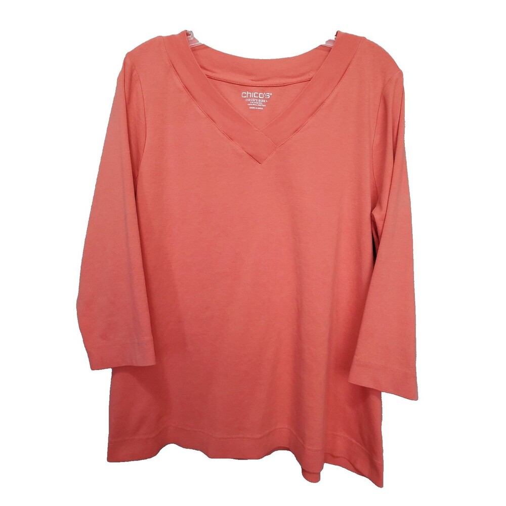 Chico’s Orange 100% Pima Cotton V-Neck 3/4 Sleeve T-Shirt Tunic Size 4 (XXL)